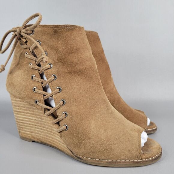Lucky Brand Jaevin Suede Leather Side Zip Lace Peep Toe Wedge Heel Bootie 8.5 - Picture 3 of 12